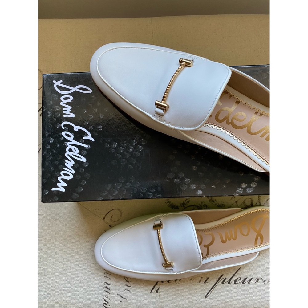 Sam Edelman White Leather Slip-On Mules with Gold Hardware